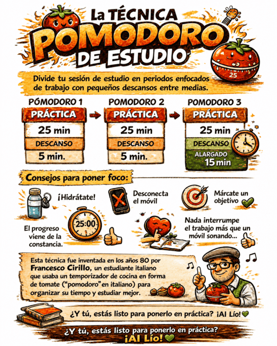 Infografía sobre la técnica Pomodoro de estudio