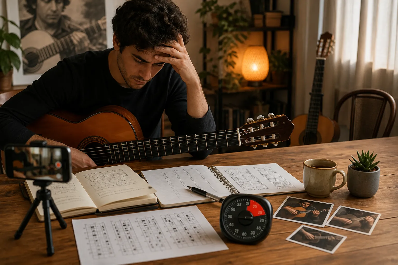 Infografía con los elementos de una rutina estructurada para estudiar guitarra flamenca: pizarra, partitura anotada, grabadora, método Pomodoro y grupo online.